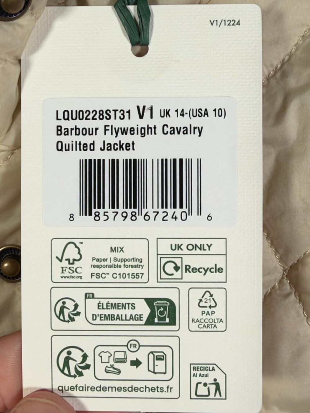 Barbour Jacket Womens US 10 Pearl Stone Flyweight Cavalry Quilted Full Zip $200 - Picture 3 of 11
